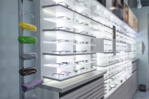 row of stylish glasses at an opticians. side view photo food ingredients recruitment